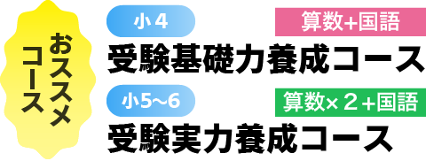 〈おススメコース〉小4:受験基礎力養成コース(算数+国語) 小5~6:受験実力養成コース(算数×2+国語) /